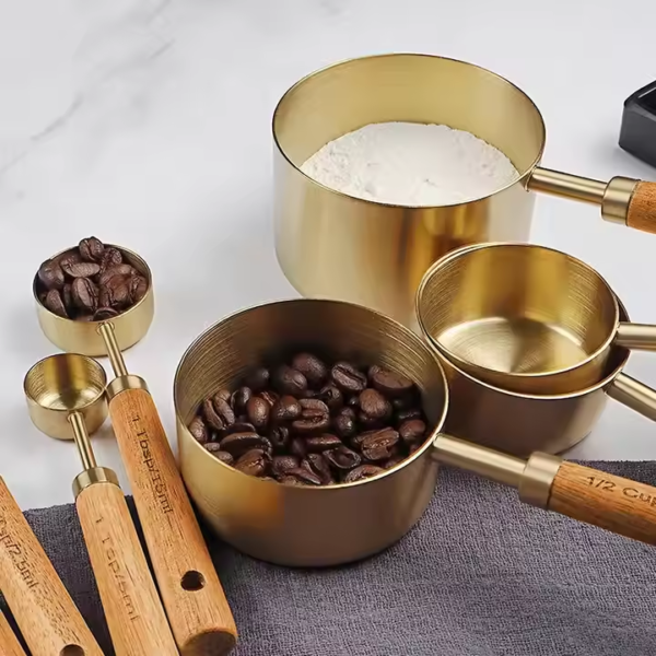 Gold Color Stainless Steel Measuring Cup Set Scales Engraved Wooden Handle Measuring Jugs Coffee Scoop Spoon Baking Tools - Image 2