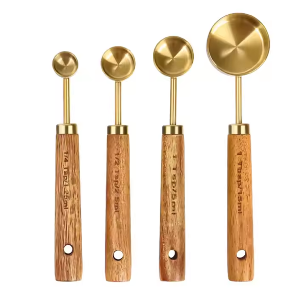 Gold Color Stainless Steel Measuring Cup Set Scales Engraved Wooden Handle Measuring Jugs Coffee Scoop Spoon Baking Tools - Image 3