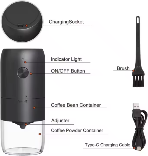 Portable One Touch Electric Spice Coffee Bean Grinder Clean Brush Type-C Charging Electric Adjustable Coarseness Ceramic Burrs - Image 6