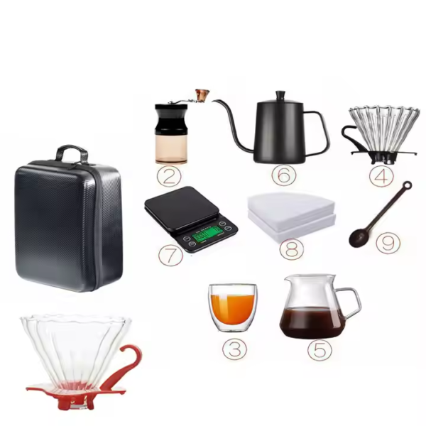 Travel Drip Coffee Set 8 Pcs Gift Manual Grinder Dripper Kettle Pot Coffee Accessories for Barista Stander