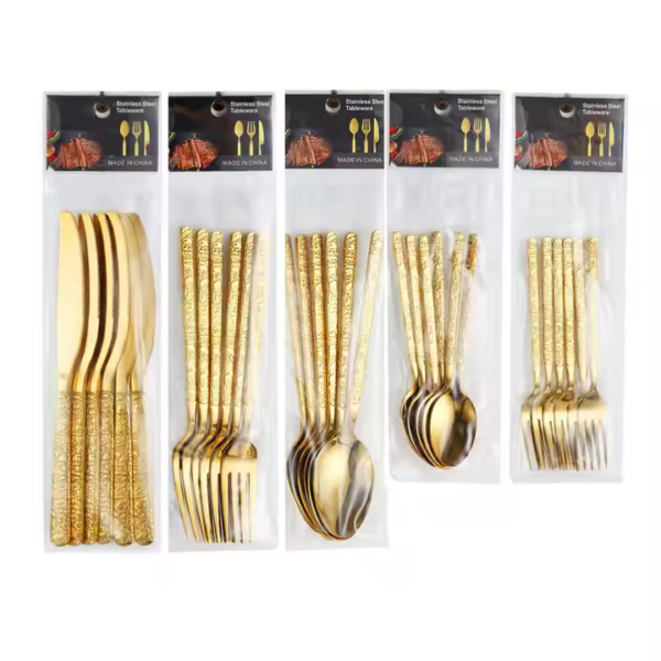 Custom 6-Piece Gold Stainless Steel Tableware Home Cutlery Set Different Colors Sustainable Plastic Bag