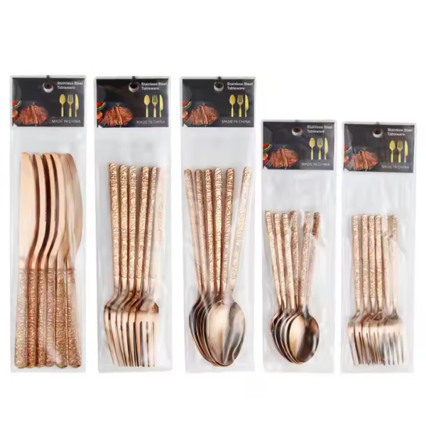 Custom 6-Piece Gold Stainless Steel Tableware Home Cutlery Set Different Colors Sustainable Plastic Bag - Image 2