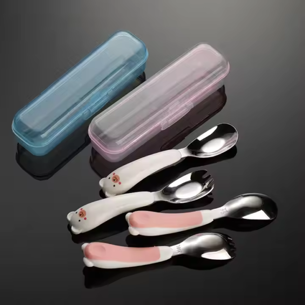316 Stainless Steel Children Fork Spoon Maternal Cartoon Feeding Flatware Bear Portable Box Silicone Handle Cutlery Set