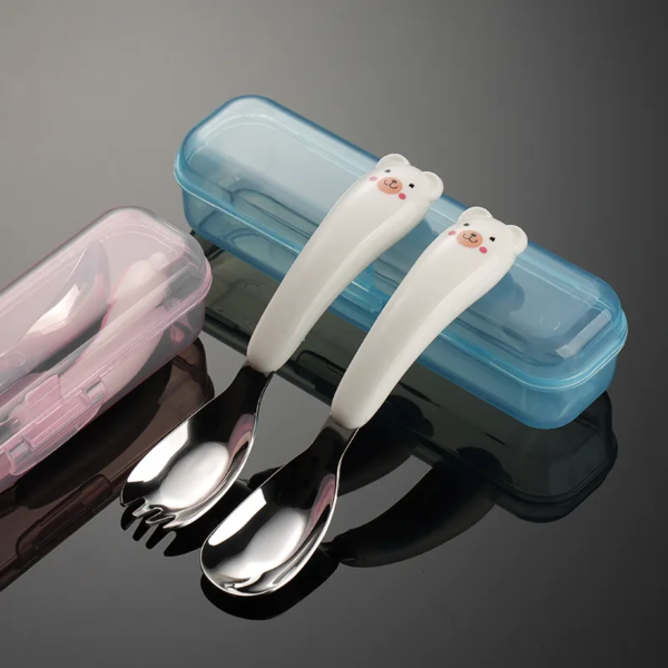 316 Stainless Steel Children Fork Spoon Maternal Cartoon Feeding Flatware Bear Portable Box Silicone Handle Cutlery Set - Image 4