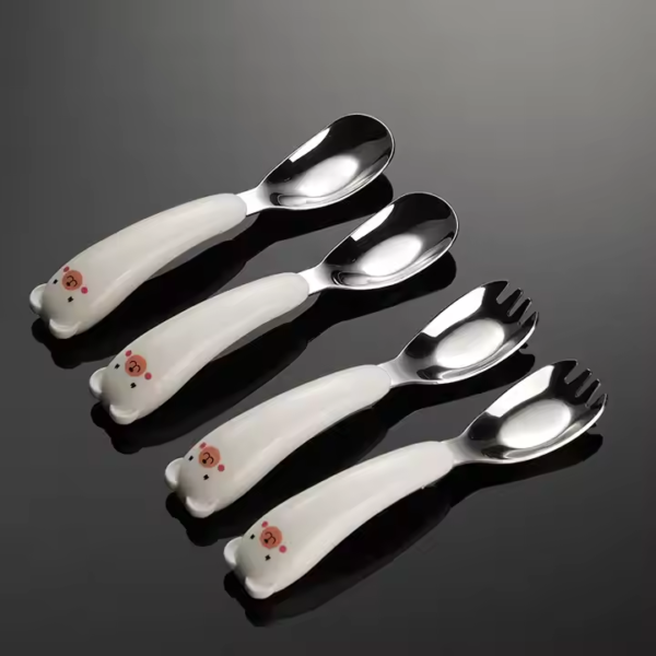 316 Stainless Steel Children Fork Spoon Maternal Cartoon Feeding Flatware Bear Portable Box Silicone Handle Cutlery Set - Image 5