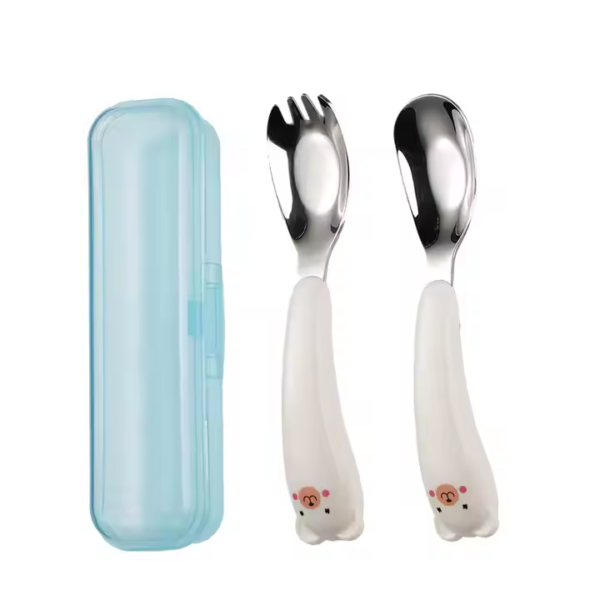 316 Stainless Steel Children Fork Spoon Maternal Cartoon Feeding Flatware Bear Portable Box Silicone Handle Cutlery Set - Image 6