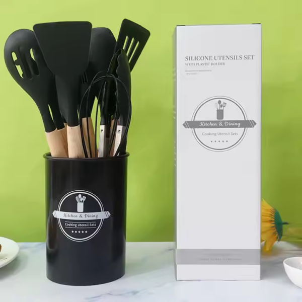 High Quality Eco-Friendly Silicone Utensils Set Wooden Handle Heat Resistant Multifunctional Kitchen Cookware - Image 4
