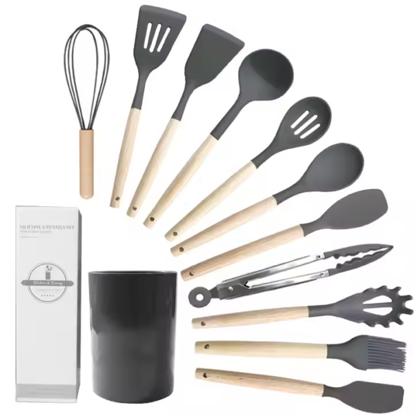 High Quality Eco-Friendly Silicone Utensils Set Wooden Handle Heat Resistant Multifunctional Kitchen Cookware