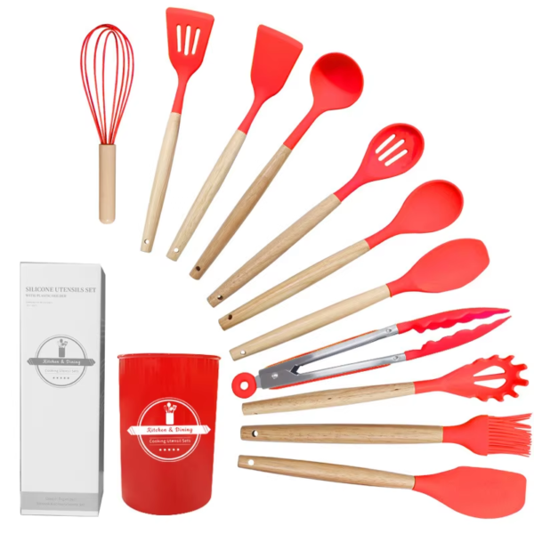 High Quality Eco-Friendly Silicone Utensils Set Wooden Handle Heat Resistant Multifunctional Kitchen Cookware - Image 6