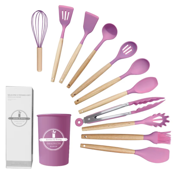High Quality Eco-Friendly Silicone Utensils Set Wooden Handle Heat Resistant Multifunctional Kitchen Cookware - Image 7