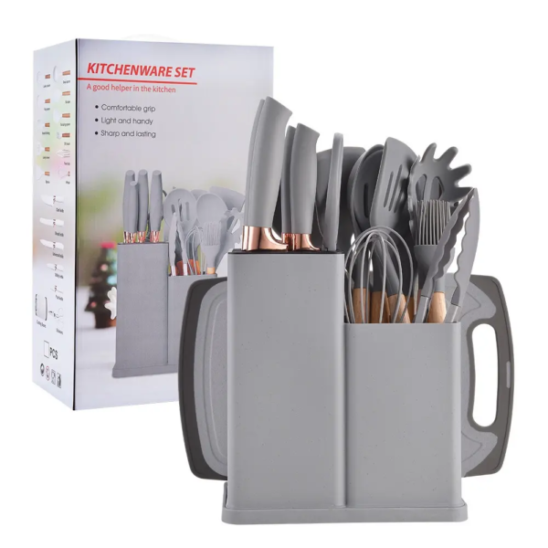19 Pieces Heat Resistant Wooden Handles Spoon Spatula Knife Kit Silicone Kitchen Gadget Set Utensil Set with Storage Bucket