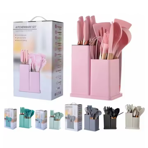 19 Pieces Heat Resistant Wooden Handles Spoon Spatula Knife Kit Silicone Kitchen Gadget Set Utensil Set with Storage Bucket - Image 2