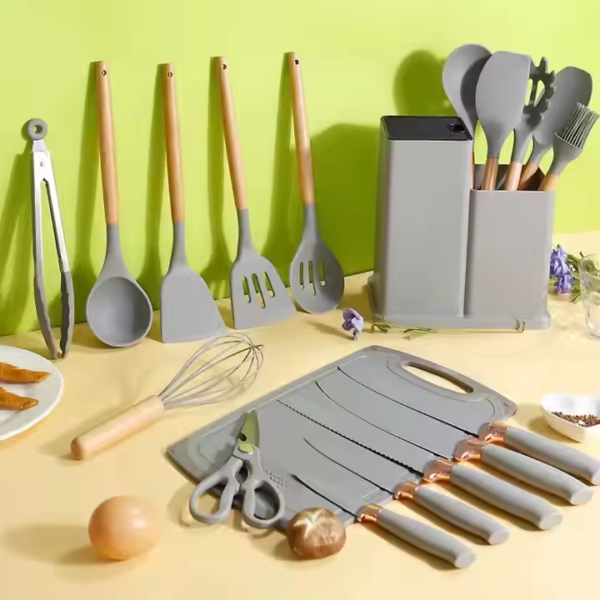 19 Pieces Heat Resistant Wooden Handles Spoon Spatula Knife Kit Silicone Kitchen Gadget Set Utensil Set with Storage Bucket - Image 3