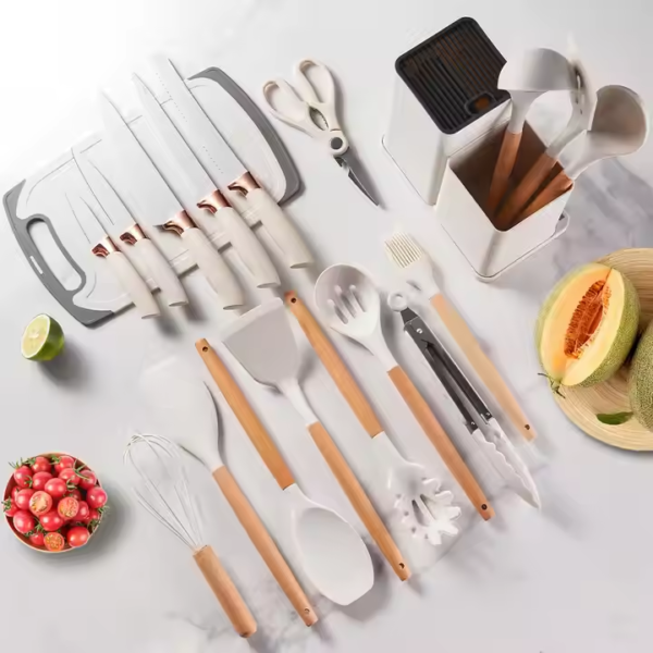19 Pieces Heat Resistant Wooden Handles Spoon Spatula Knife Kit Silicone Kitchen Gadget Set Utensil Set with Storage Bucket - Image 4