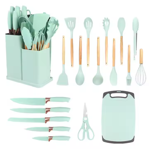 19 Pieces Heat Resistant Wooden Handles Spoon Spatula Knife Kit Silicone Kitchen Gadget Set Utensil Set with Storage Bucket - Image 5