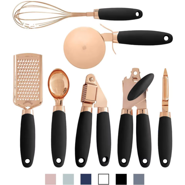 7 Pcs Rose Gold Silicone Kitchen Gadget Tool Set Pizza Cutter Can Opener Egg Beater Cheese Grater Ice Cream Scoop Garlic Press - Image 2