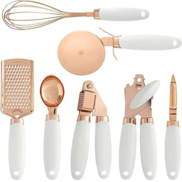 7 Pcs Rose Gold Silicone Kitchen Gadget Tool Set Pizza Cutter Can Opener Egg Beater Cheese Grater Ice Cream Scoop Garlic Press - Image 3