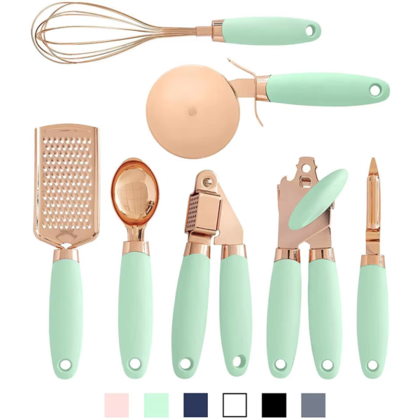 7 Pcs Rose Gold Silicone Kitchen Gadget Tool Set Pizza Cutter Can Opener Egg Beater Cheese Grater Ice Cream Scoop Garlic Press - Image 4