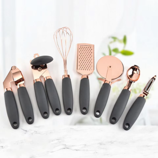 7 Pcs Rose Gold Silicone Kitchen Gadget Tool Set Pizza Cutter Can Opener Egg Beater Cheese Grater Ice Cream Scoop Garlic Press - Image 5