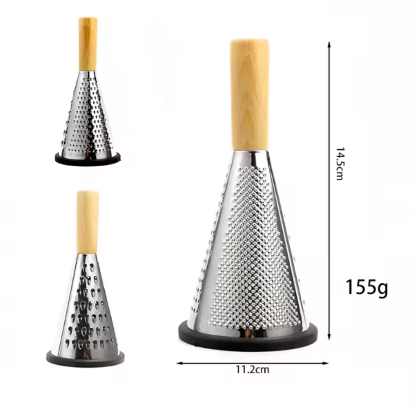 Cone Cheese Grater with Handle Stainless Steel Triple Function Wood Handle Parmesan Shaver Non-Slip Rubber Bottom