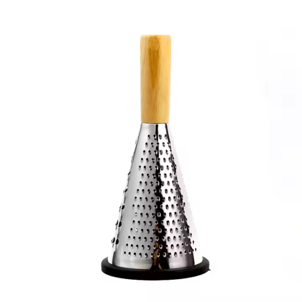 Cone Cheese Grater with Handle Stainless Steel Triple Function Wood Handle Parmesan Shaver Non-Slip Rubber Bottom - Image 2