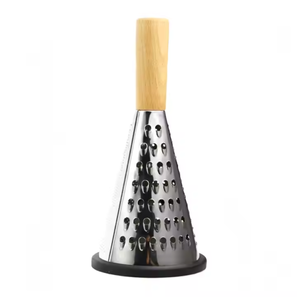 Cone Cheese Grater with Handle Stainless Steel Triple Function Wood Handle Parmesan Shaver Non-Slip Rubber Bottom - Image 3