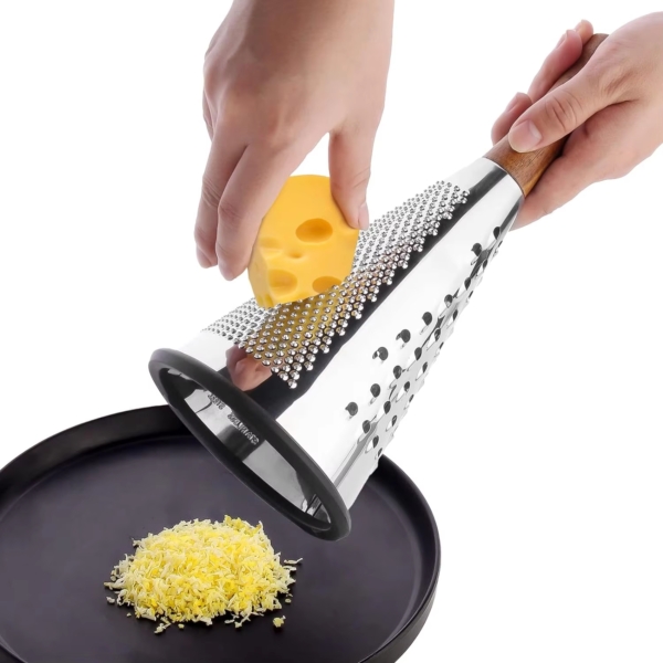Cone Cheese Grater with Handle Stainless Steel Triple Function Wood Handle Parmesan Shaver Non-Slip Rubber Bottom - Image 5