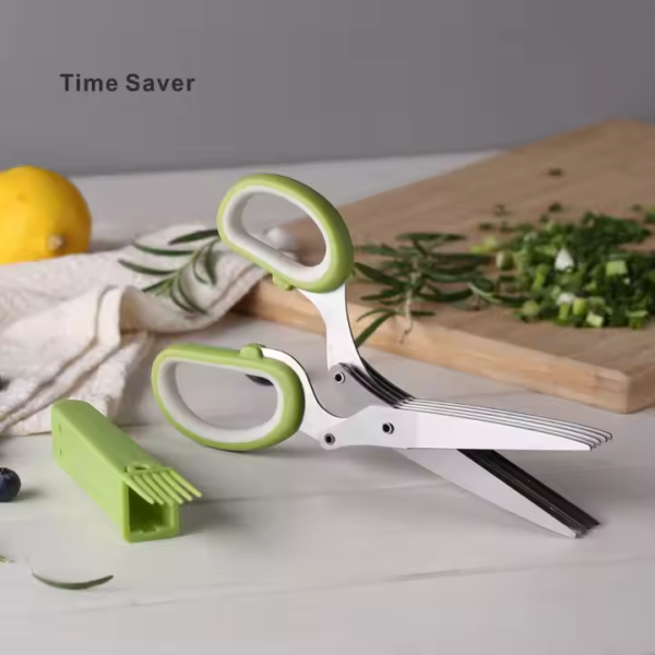 Professional Stainless Steel 5 Blades Kitchen Herb Scissors With Sheath & Brush - Image 2