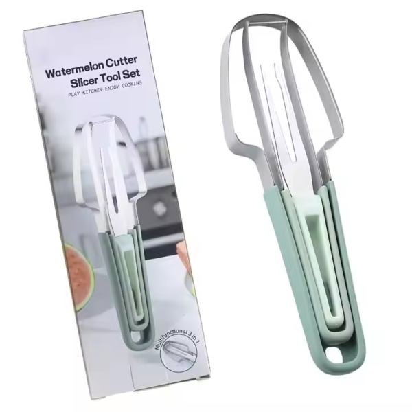 Stainless Steel Watermelon Cutter Slicer Tool with Non-slip Fork Fruit Kitchen Gadget with PP Material for Restaurant Bar KTV