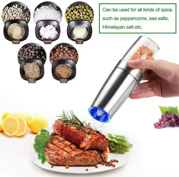 Electric Gravity Salt and Pepper Grinder Set Spice Jar Rechargeable Black Pepper Mill Grinder With Blue Light and Stand - Image 3