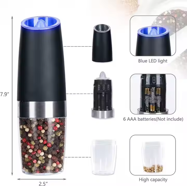Electric Gravity Salt and Pepper Grinder Set Spice Jar Rechargeable Black Pepper Mill Grinder With Blue Light and Stand - Image 5