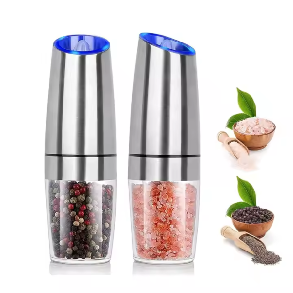 Electric Gravity Salt and Pepper Grinder Set Spice Jar Rechargeable Black Pepper Mill Grinder With Blue Light and Stand