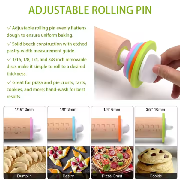 Adjustable Wooden Rolling Pin Baking Eco-Friendly Pastry Dough Rolling Tool Different Sizes Kitchen Use Includes Pastry Boards - Image 4