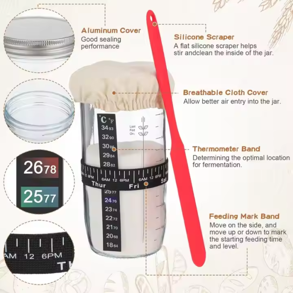 Sour Dough Starter Kit 24 Ounce Jar and 9-inch Bread Sampling Basket Set Sour Dough Bread Baking Supplies - Image 3