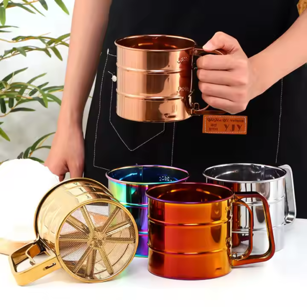 Stainless Steel Flour Sieve Cup Gold Mesh Flour Sifter Baking Tool Round Powder Sieve With Scale Cakes Pastry Utensils - Image 4