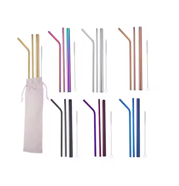 Multi Colors Reusable Metal Straws Kit Straight and Bend Straw Cleaning Brush Bar Stainless Steel Drinking Straws