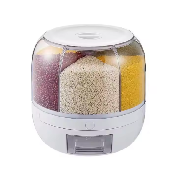 Hot Selling Kitchen Supplies Moisture Proof 6 Grid Rotating Grain Storage Box Rice Container Dispenser