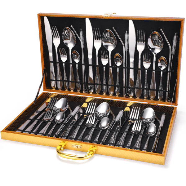 Stainless Steel Tableware Set 42pcs Household Product Knife, Fork, Spoon and Straw Cutlery Set Gift Box - Image 4