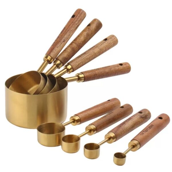 Gold Color Stainless Steel Measuring Cup Set Scales Engraved Wooden Handle Measuring Jugs Coffee Scoop Spoon Baking Tools