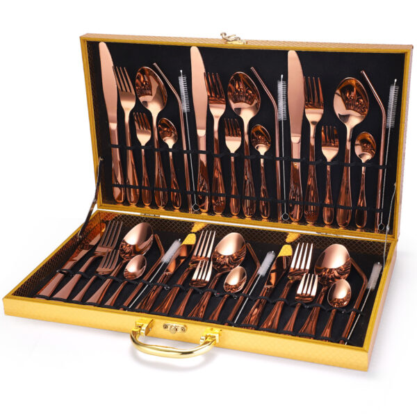 Stainless Steel Tableware Set 42pcs Household Product Knife, Fork, Spoon and Straw Cutlery Set Gift Box - Image 3