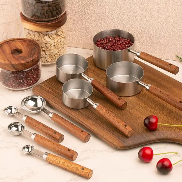 Stainless Steel Measuring Cup Set Scales Engraved Wooden Handle Measuring Jugs Coffee Scoop Spoon Baking Tools - Image 3