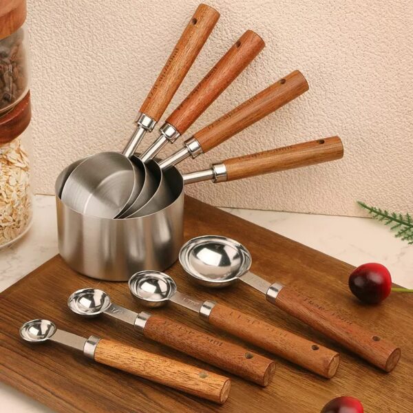 Stainless Steel Measuring Cup Set Scales Engraved Wooden Handle Measuring Jugs Coffee Scoop Spoon Baking Tools - Image 4