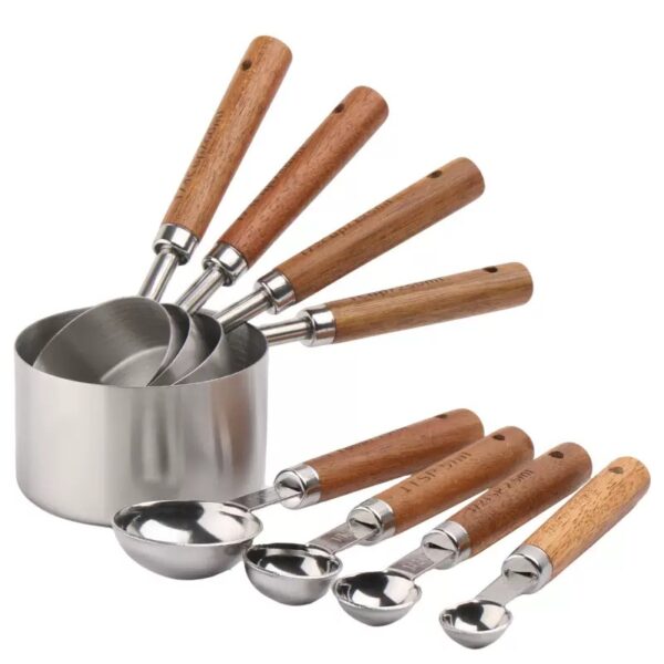 Stainless Steel Measuring Cup Set Scales Engraved Wooden Handle Measuring Jugs Coffee Scoop Spoon Baking Tools