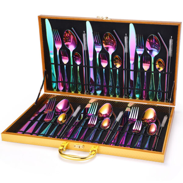 Stainless Steel Tableware Set 42pcs Household Product Knife, Fork, Spoon and Straw Cutlery Set Gift Box - Image 6